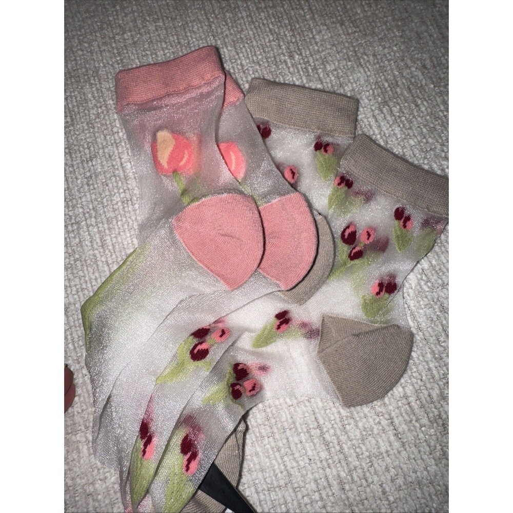 2 Pk Sheer W Floral Tulips Socks Quarter Crew Dainty Loafers Victorian Sweet - Picture 5 of 5